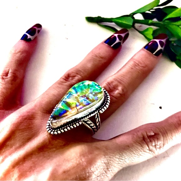 New 925 Sterling Silver Green Yellow Triplet Opalite Artisten Tear Drop Ring - Picture 14 of 17